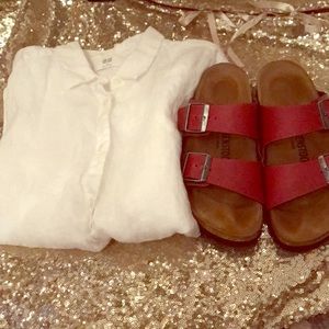 Red Birkenstock’s and White Sleeveless Blouse